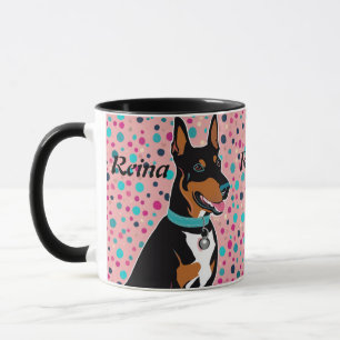 Caneca Dobermann Puppy Adicionar Nome Cubo em Rosa e Pret
