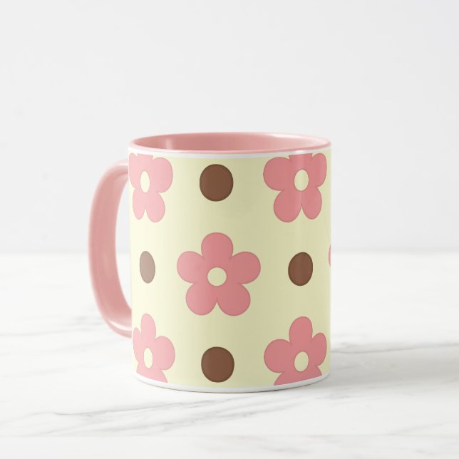Caneca Doce Floral Rosa e Pontos Marrons Retrô (Frente Esquerda)