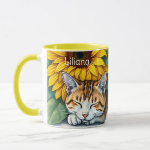 Caneca Doce Gatinho Sonolento e Girassóis Personalizado
