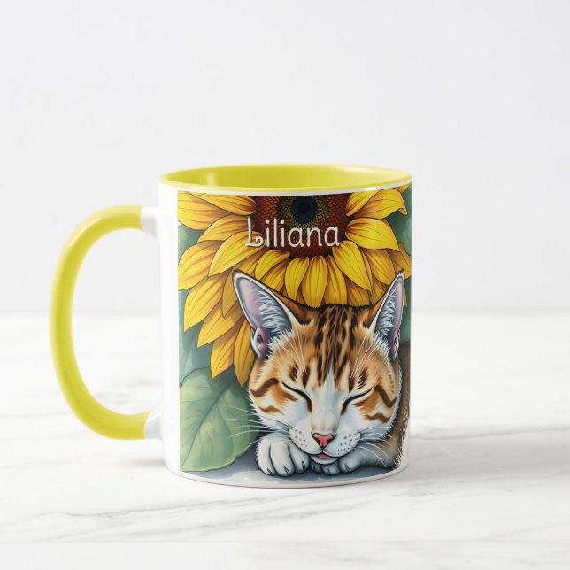 Caneca Doce Gatinho Sonolento e Girassóis Personalizado (Esquerda)