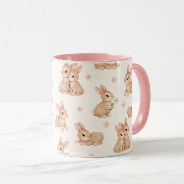 Caneca Doce padrão de coelhinhos e flores em aquarela  (Frente Esquerda)