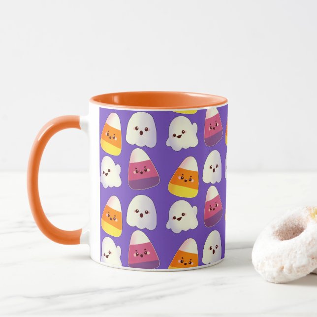 Caneca Doces De Halloween E Padrão Fantasma (Com Donut)