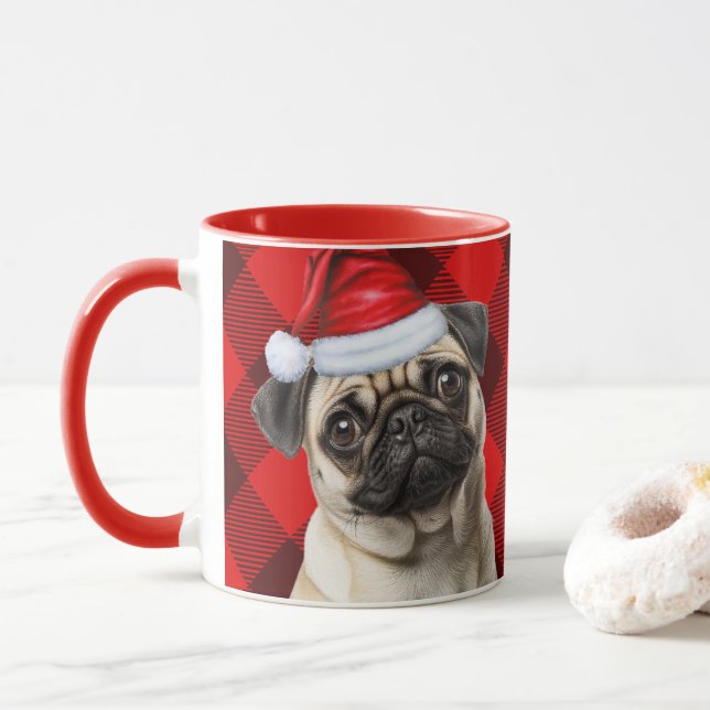 Caneca Dog Lover's Pug Holiday Red Buffalo Plaid (Com Donut)