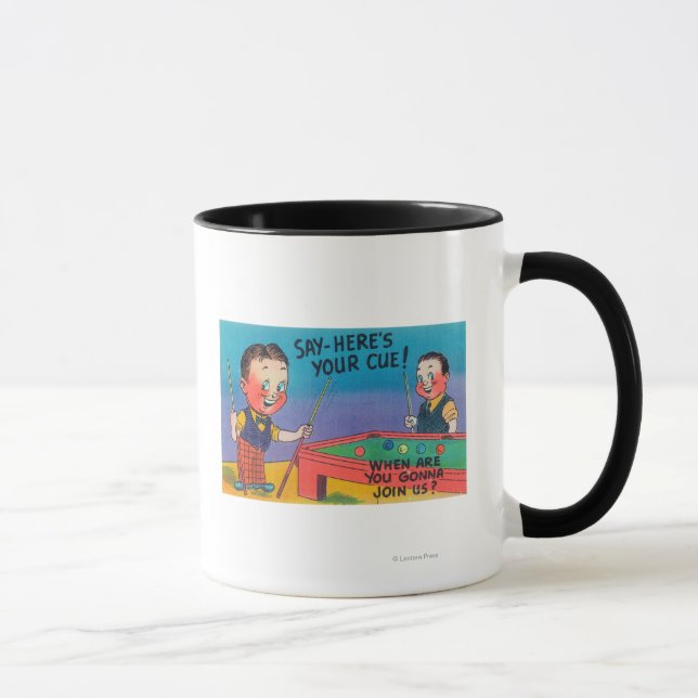 Caneca Dois Cartoons Homens Jogam Piscina, Aqui está seu  (Direita)