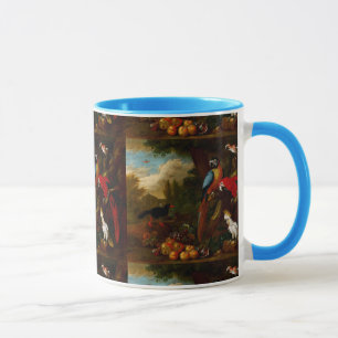 Caneca Dois Macaws uma Cockatoa e um Jay com Fruta
