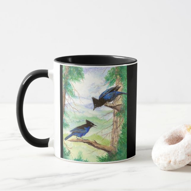 Caneca Dois Pássaros Azuis Estelares Árvores da Floresta  (Com Donut)