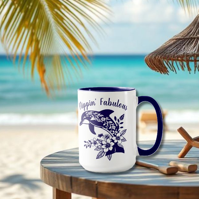 Caneca Dolphin Fabuloso do Havaí (Hawaiian Dolphin, Flippin Fabulous, Islander Summer, Beach, Travel, Fisherman Trend, Tropical floral)