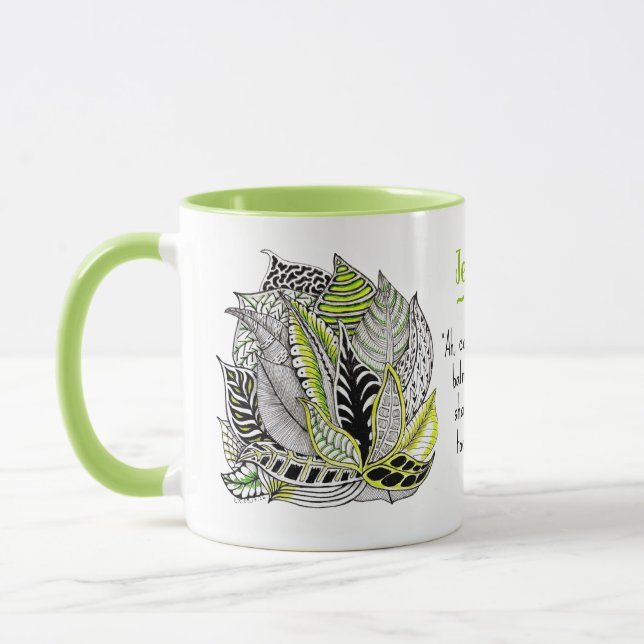 Caneca Doodle de Folha Desenhada à Mão com Verde e Citaçã (Esquerda)