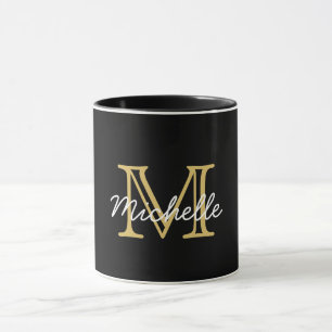 Caneca Dourado Elegante moderno, preto, monograma manuscr