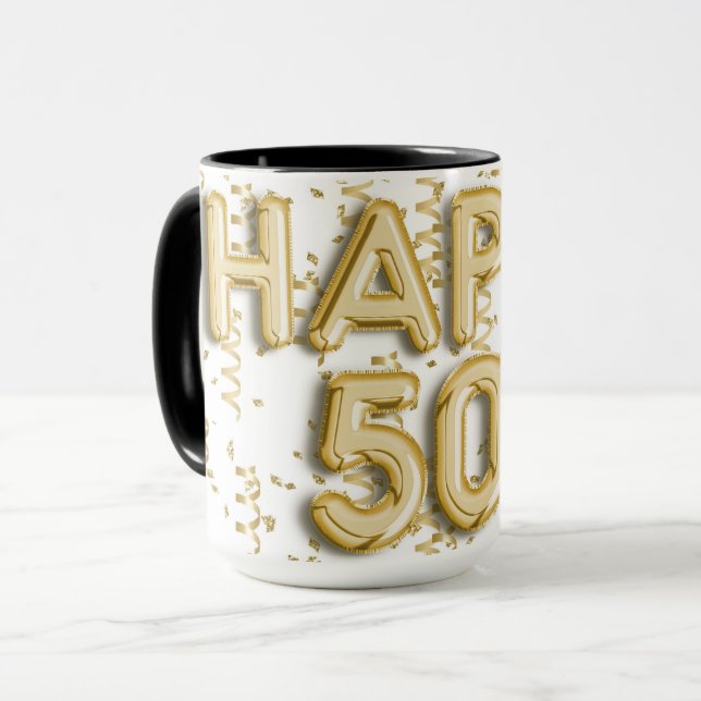 Caneca Dourado Feliz 50º Aniversário (Frente Esquerda)