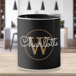 Caneca Dourado Monograma de Script Moderno Preto