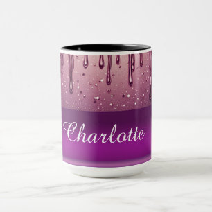 Caneca Dourado Rosa Brilho Gotejamento Nome Personalizado