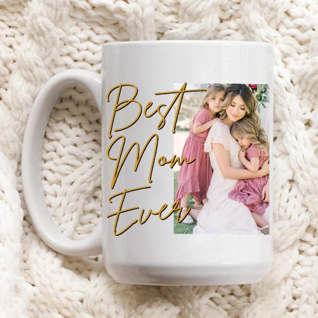 Caneca Dourado Script Melhor Mãe Alguma Vez Foto Café de  (Gold Script Best Mom Ever Photo Birthday Coffee Mug)