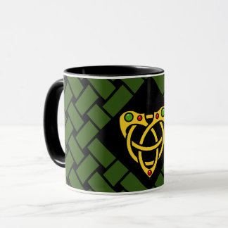 Caneca Dourado/verde/bandas pretas/weave, nó celta do