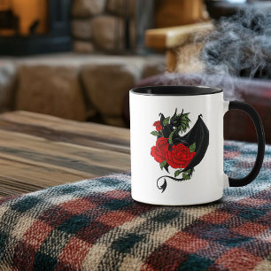 Caneca Dragão Preto Místico Rosas Vermelhas Lavanda Gótic