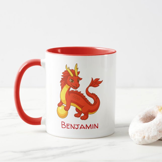 Caneca Dragão Vermelho Chinês Nome Personalizado (Com Donut)