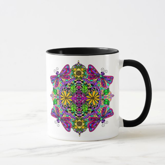 Caneca Dragonfly e flores roxas e rosa Mandala (Direita)