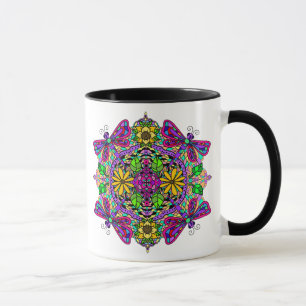 Caneca Dragonfly e Flores Roxos e Rosa Mandala