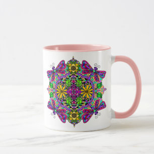 Caneca Dragonfly e Flores Roxos e Rosa Mandala Mug