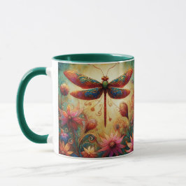 Caneca Dragonfly Floral Abstrato-Art Teal Rosa