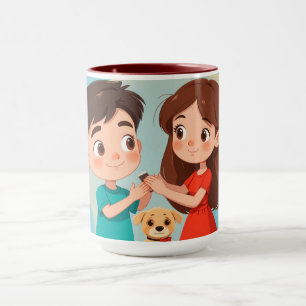 Caneca Duas crianças com um cachorro compartilhando um mo