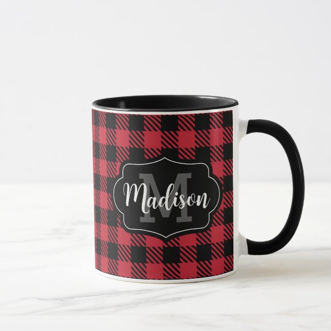 Caneca Duas Tone Red Black Buffalo Xadrez Monograma Mug (Direita)