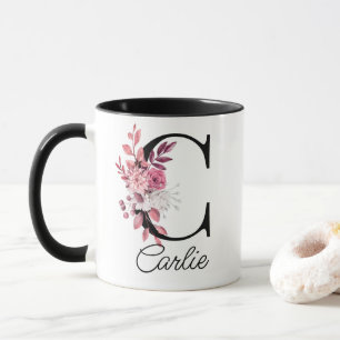 Caneca Dusty Rosa Mauve Floral - Letra C Monograma