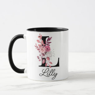 Caneca Dusty Rosa Mauve Floral - Letra L Monograma Inicia