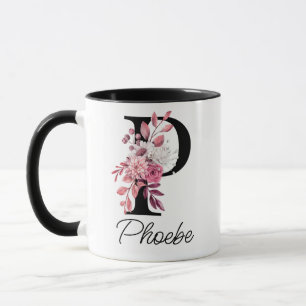 Caneca Dusty Rosa Mauve Floral - Letra P Monograma Inicia