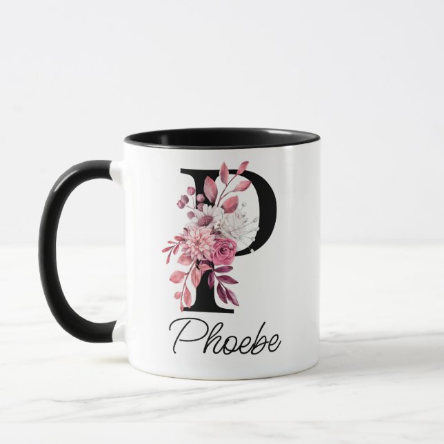 Caneca Dusty Rosa Mauve Floral - Letra P Monograma Inicia (Esquerda)
