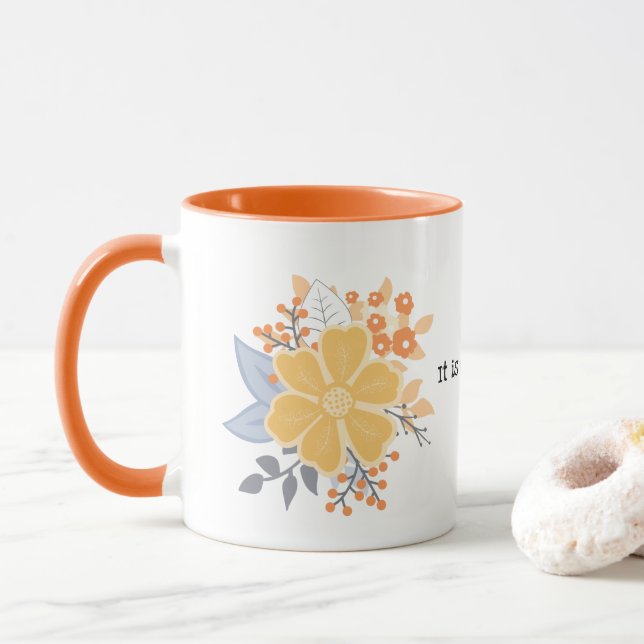 Caneca É o que é. Cinza Laranja Flor Mug (Com Donut)