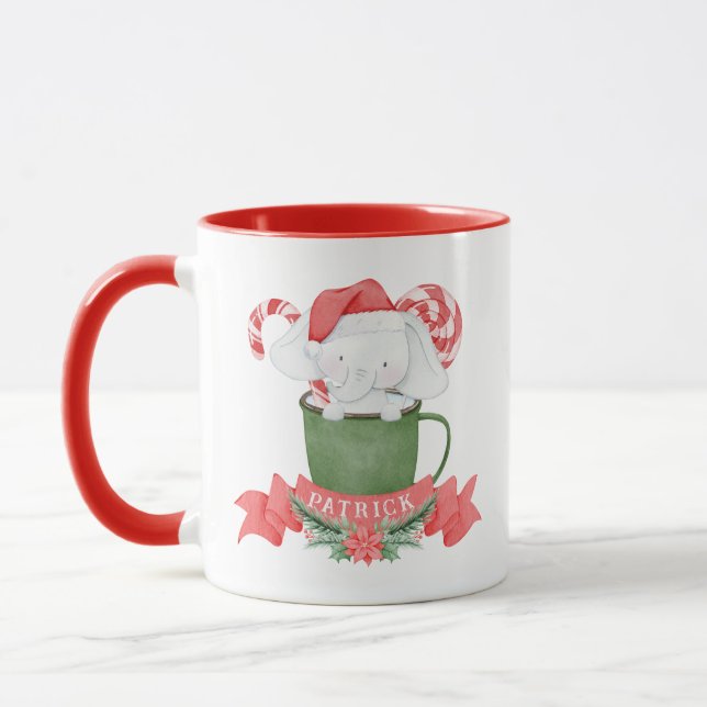Caneca Elefante Branco Bonito no Natal Verde (Esquerda)
