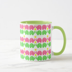 Caneca Elefantes Rosa e Verde com Flor