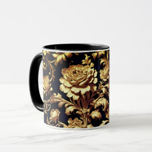 Caneca Elegância Personificada: Preto e Dourado Floral