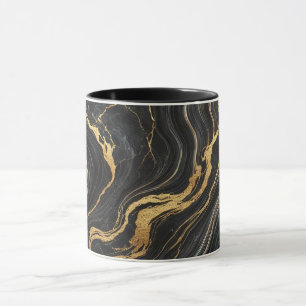 Caneca Elegância Preto Chic & Dourado Olhar Mármore Metál