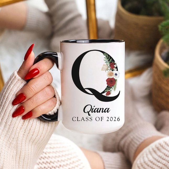 Caneca Elegant Floral Initial Custom Mug Gift for Grads (Personalized Monogram Floral Alphabet Mug for Mom, Grandma, Teacher, Nurse, Lawyer or Bridesmaid)