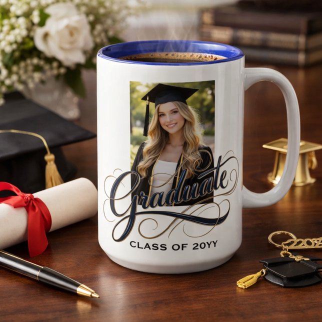 Caneca Elegant Graduate Script Artwork with Photo Feature (Criador carregado)