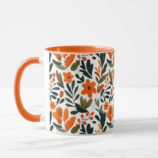 Caneca Elegant Orange Flowers Spring Botanical Pattern  (Esquerda)