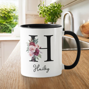 Caneca Elegante Aquarela Floral Nome Inicial Monograma