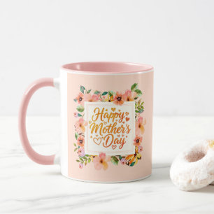 Caneca Elegante Aquarela Flores Cor-de-Rosa Feliz Dia das