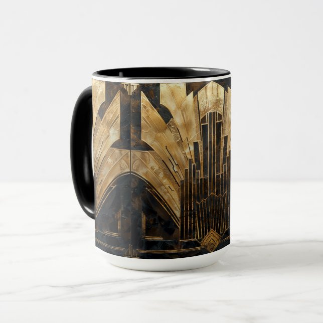Caneca Elegante Art Deco Dourada Cityscape Preto (Frente Esquerda)