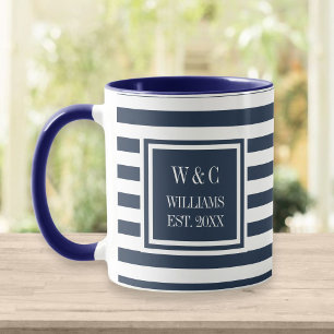 Caneca Elegante Azul Marinho Faixa Branca Monograma Nome
