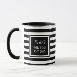 Caneca Elegante Black White Stripe Monograma Nome