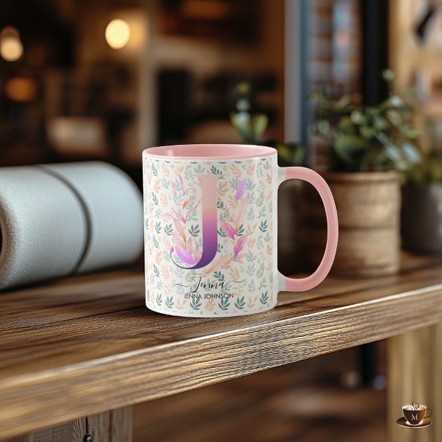 Caneca Elegante Boho Chic Floral Monogramas Mug - J (Criador carregado)