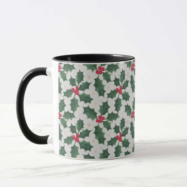Caneca Elegante de Natal com Padrão de Azevinho e  (Esquerda)