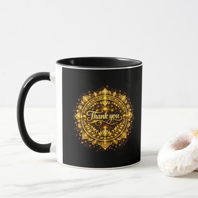Caneca Elegante Design de Mandala "Obrigado" em Dourado c (Com Donut)