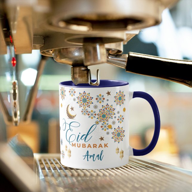 Caneca Elegante Eid Mubarak Caligrafia Lua Estrelas Perso (eid mubarak mugs eid al fitr arabic calligraphy ramadan muslim islamic arabic gold blue moon stars )