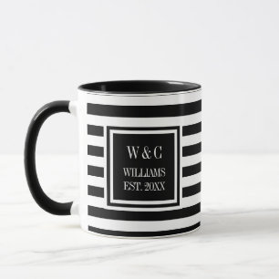 Caneca Elegante Faixa Preta e Branca Monograma Nome