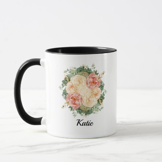 Caneca Elegante Floral de Rosa Pastel em Aquarela (Esquerda)