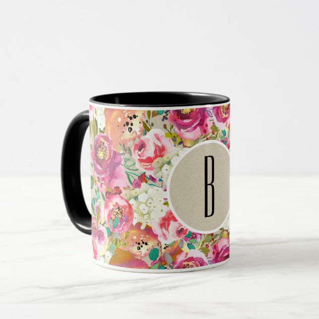 Caneca Elegante Floral Rústico Chic Kraft Monograma Perso (Frente Esquerda)